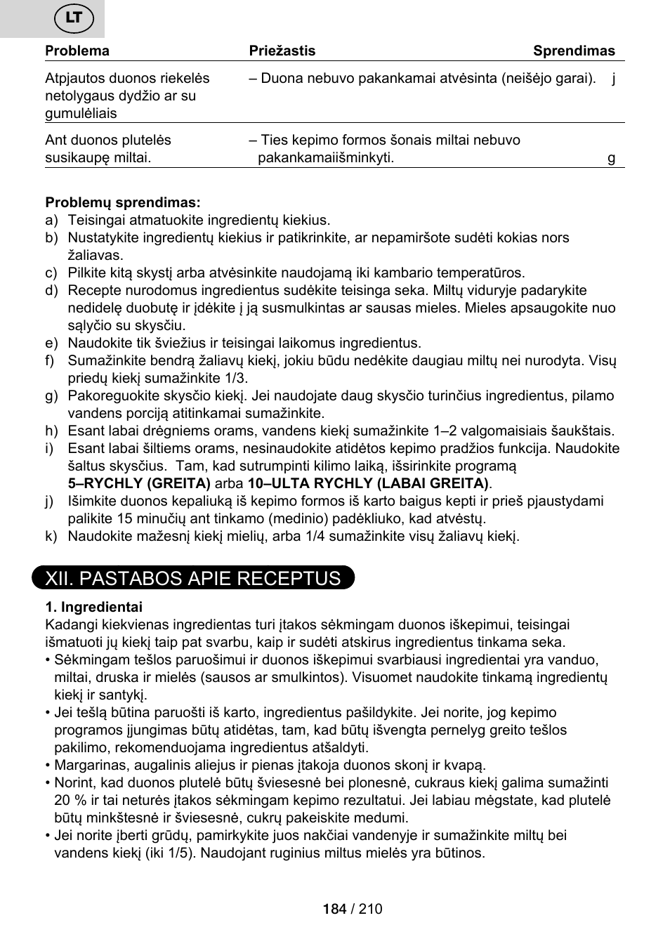 Xii. pastabos apie receptus | ETA Duplica Vital User Manual | Page 184 / 212