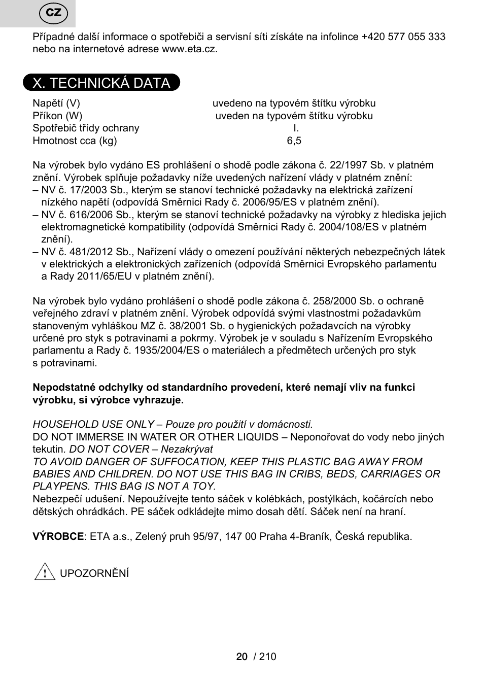 X. technická data | ETA Duplica Vital User Manual | Page 20 / 212