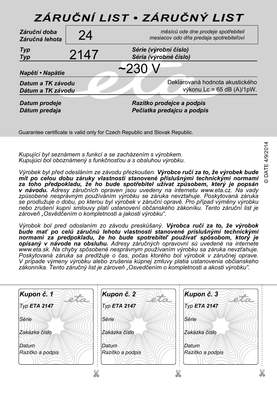 List, Záruční list • záručný | ETA Duplica Vital User Manual | Page 212 / 212
