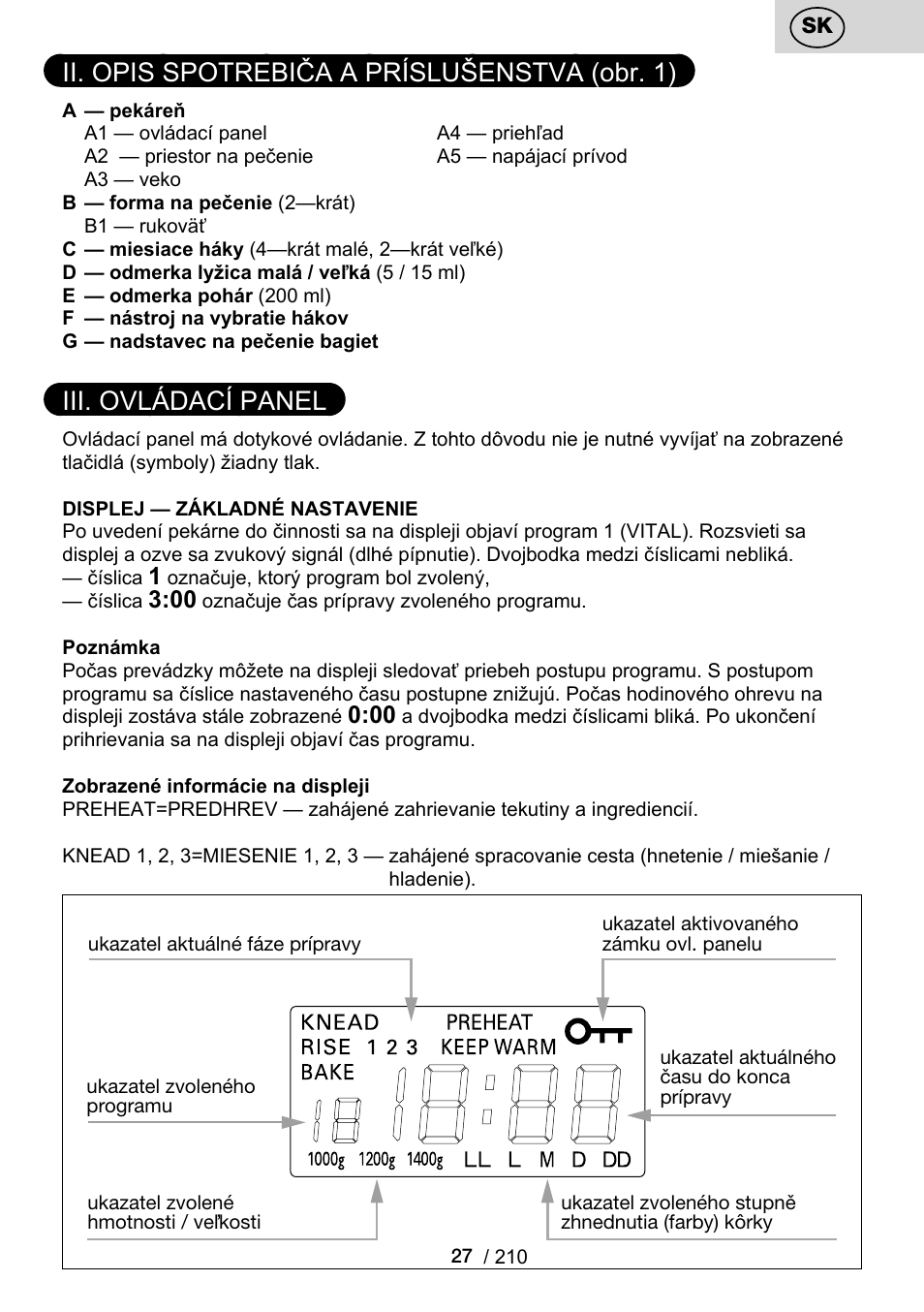 Ii. opis spotrebiča a príslušenstva (obr. 1), Iii. ovládací panel | ETA Duplica Vital User Manual | Page 27 / 212