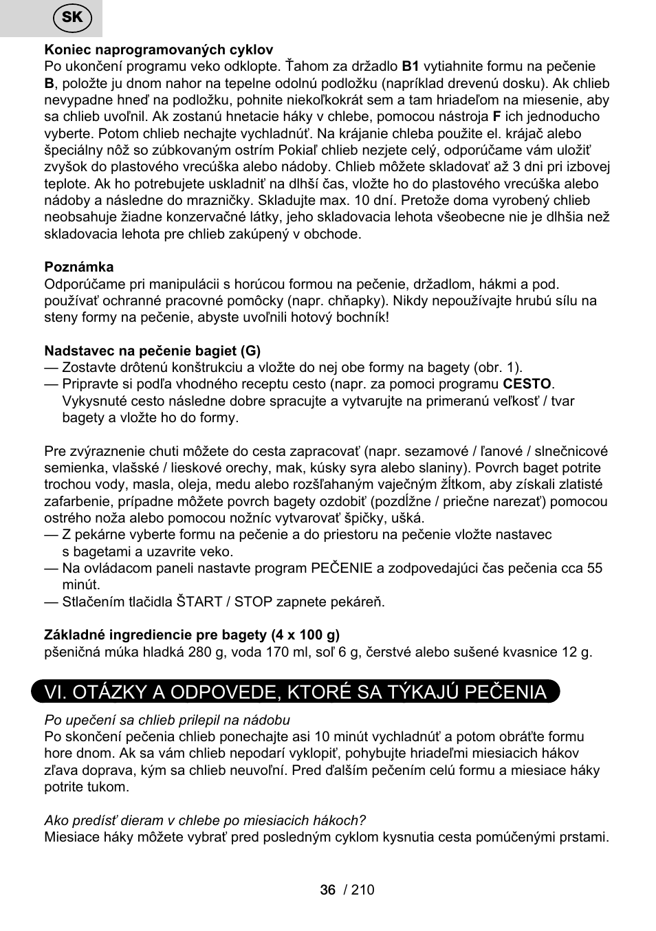 Vi. otázky a odpovede, ktoré sa týkajú pečenia | ETA Duplica Vital User Manual | Page 36 / 212