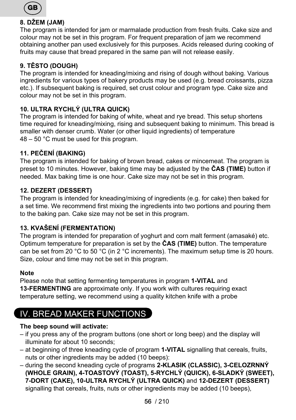 Iv. bread maker functions | ETA Duplica Vital User Manual | Page 56 / 212
