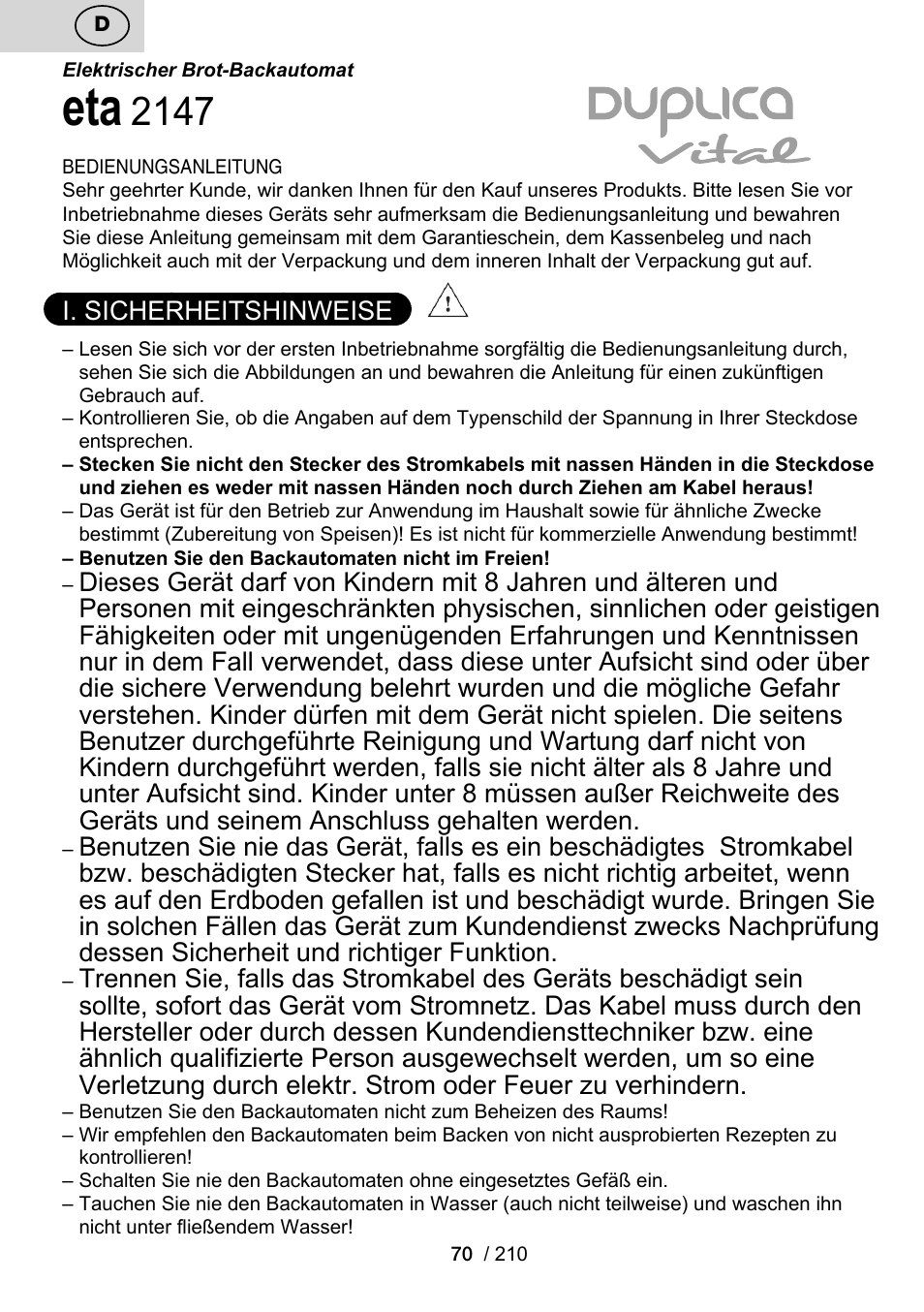 ETA Duplica Vital User Manual | Page 70 / 212