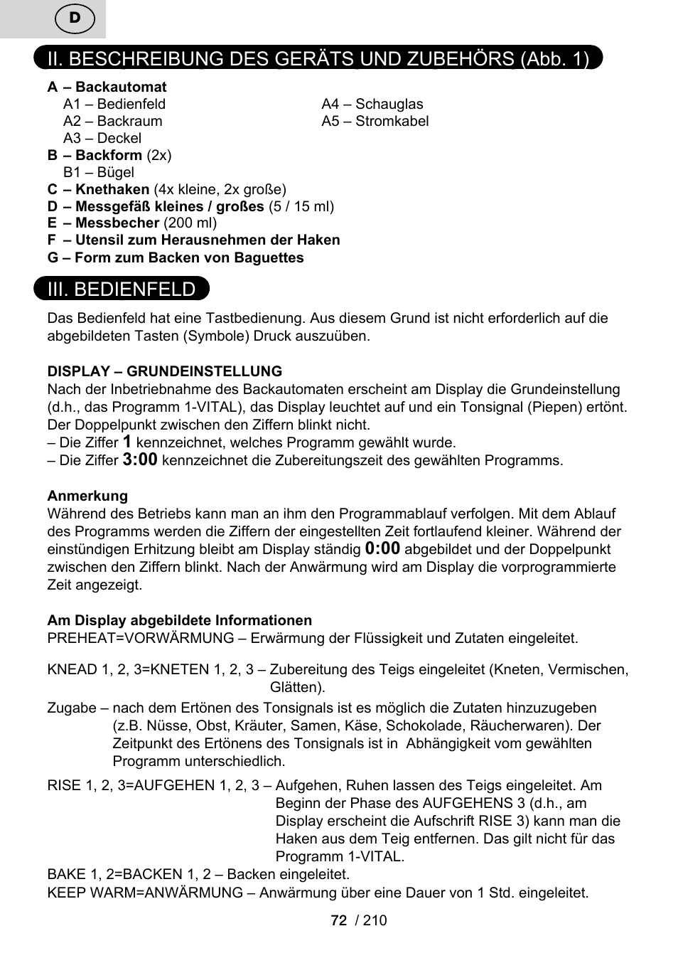 Ii. beschreibung des geräts und zubehörs (abb. 1), Iii. bedienfeld | ETA Duplica Vital User Manual | Page 72 / 212
