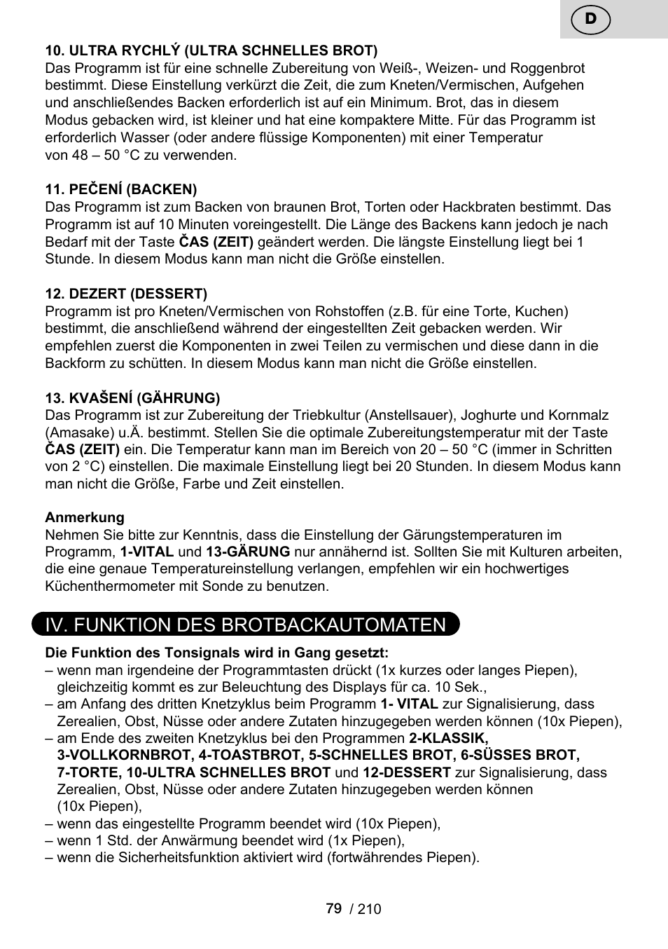 Iv. funktion des brotbackautomaten | ETA Duplica Vital User Manual | Page 79 / 212