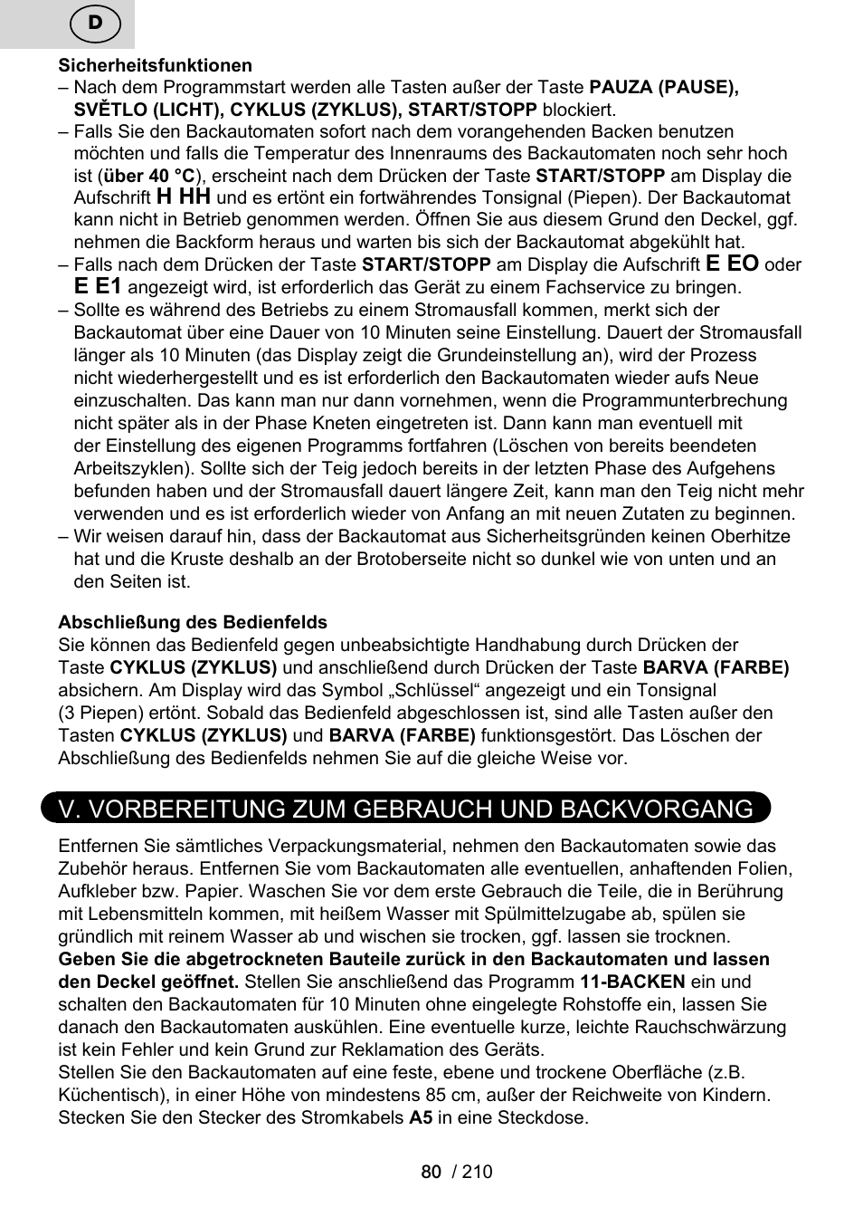V. vorbereitung zum gebrauch und backvorgang, H hh, E eo | E e1 | ETA Duplica Vital User Manual | Page 80 / 212