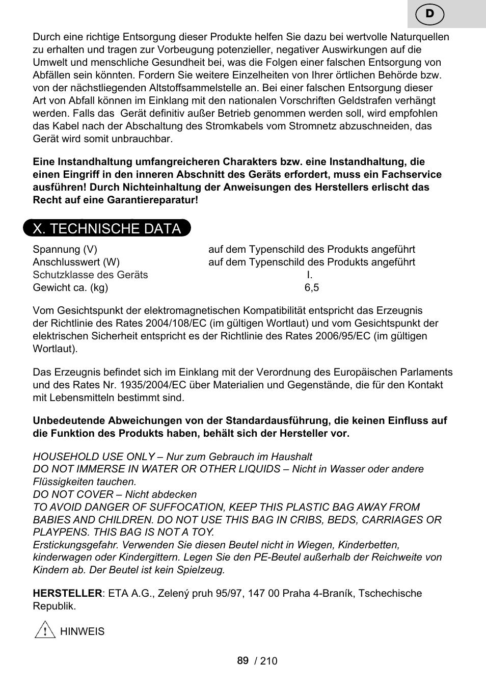 X. technische data | ETA Duplica Vital User Manual | Page 89 / 212