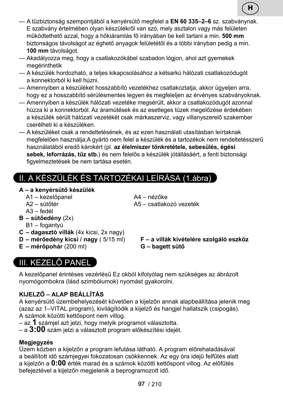 Ii. a készülék és tartozékai leírása (1.ábra), Iii. kezelő panel | ETA Duplica Vital User Manual | Page 97 / 212