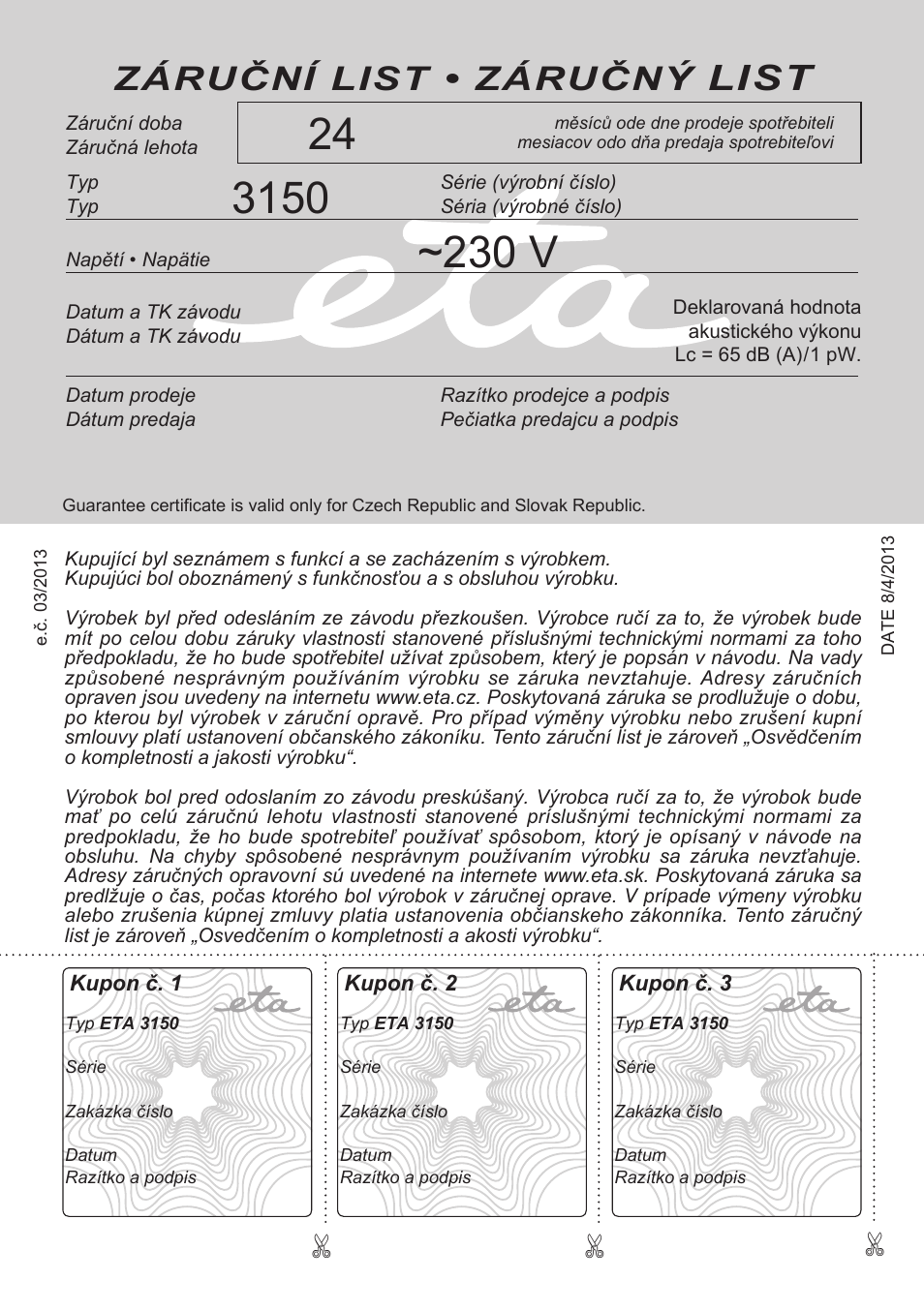List, Záruční list • záručný | ETA Crustum User Manual | Page 100 / 100