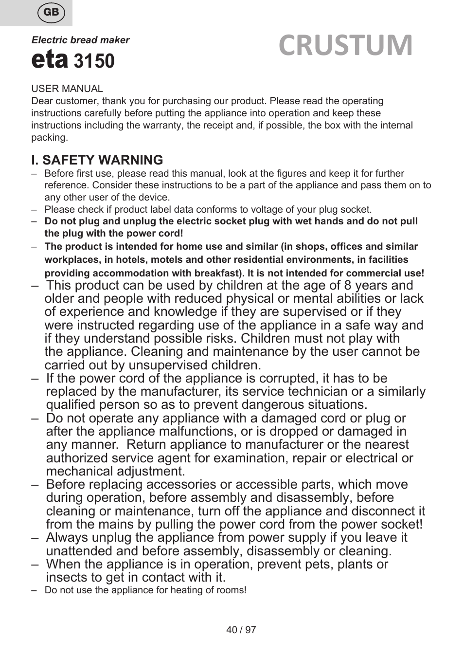 Crustum | ETA Crustum User Manual | Page 40 / 100