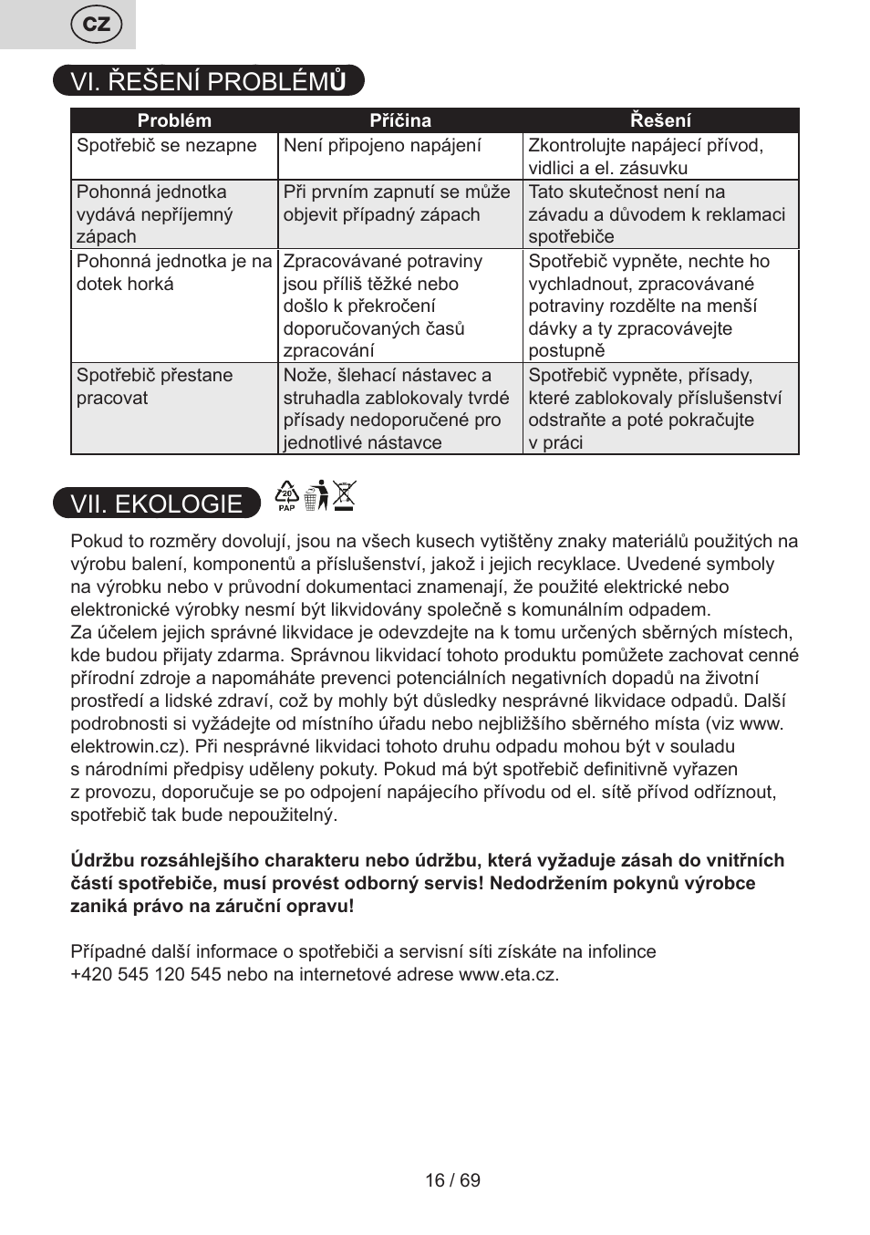 Vi. řešení problém ů, Vii. ekologie | ETA Cabero 4 v 1 User Manual | Page 16 / 72