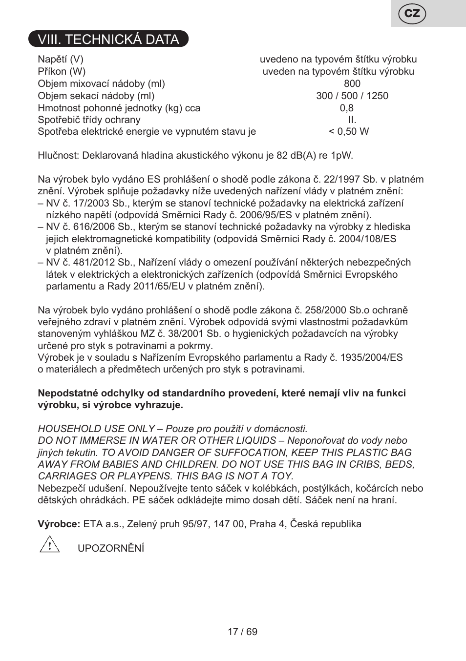 Viii. technická data | ETA Cabero 4 v 1 User Manual | Page 17 / 72