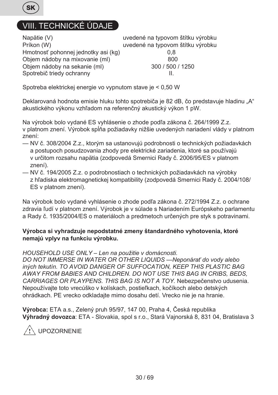 Viii. technické údaje | ETA Cabero 4 v 1 User Manual | Page 30 / 72