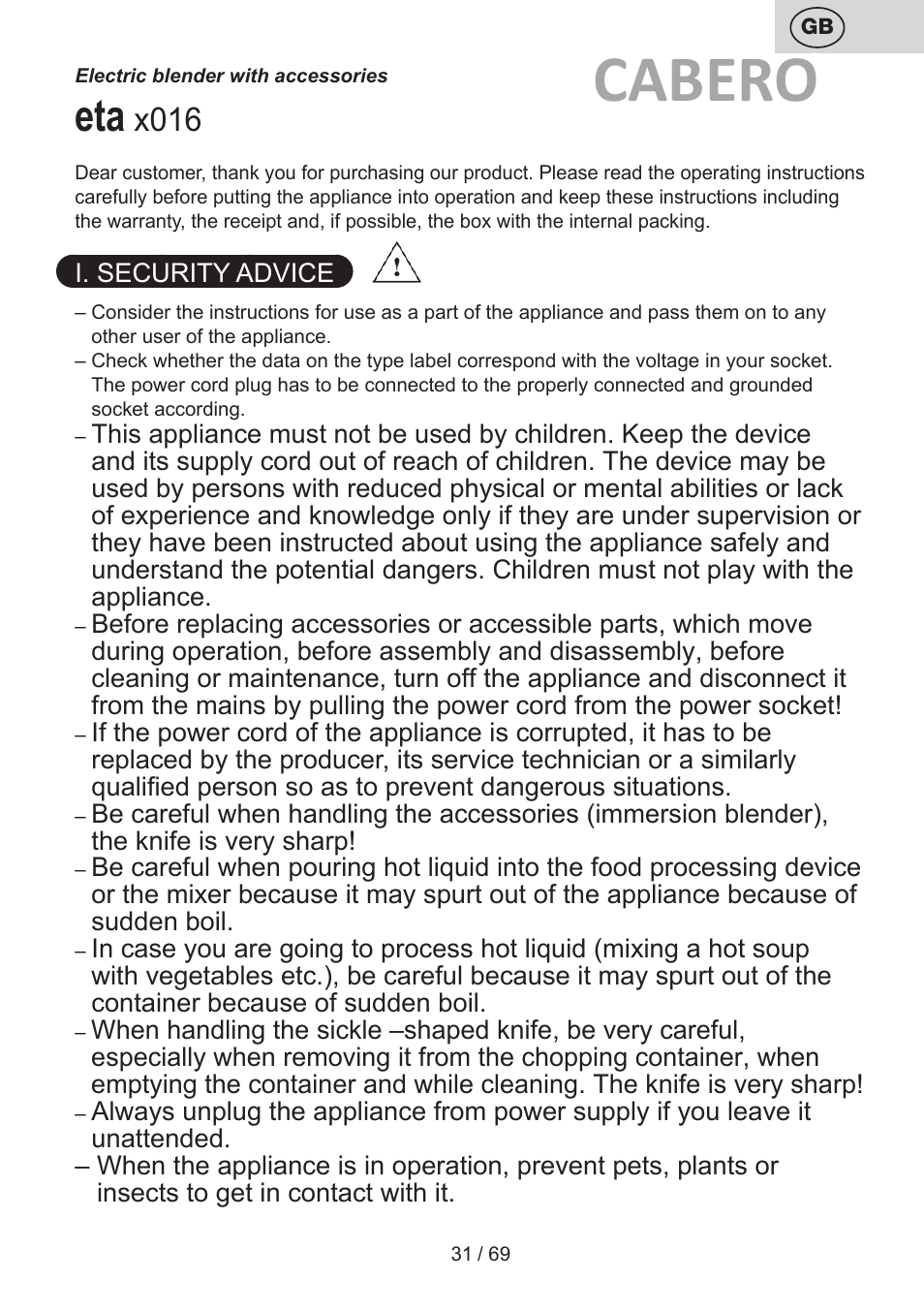 Cabero, X016 | ETA Cabero 4 v 1 User Manual | Page 31 / 72