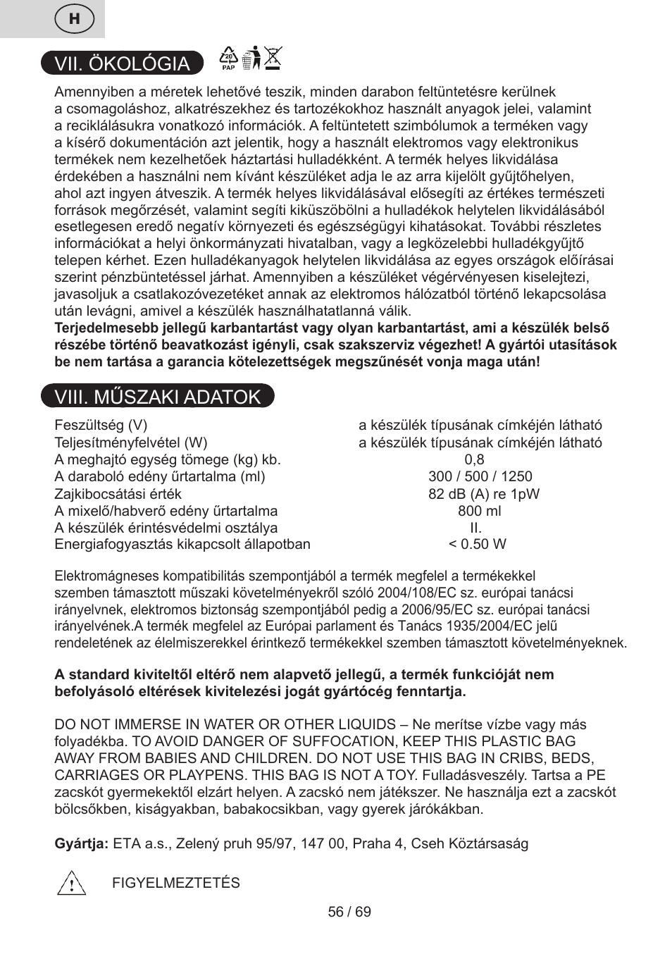 Vii. ökológia, Viii. műszaki adatok | ETA Cabero 4 v 1 User Manual | Page 56 / 72