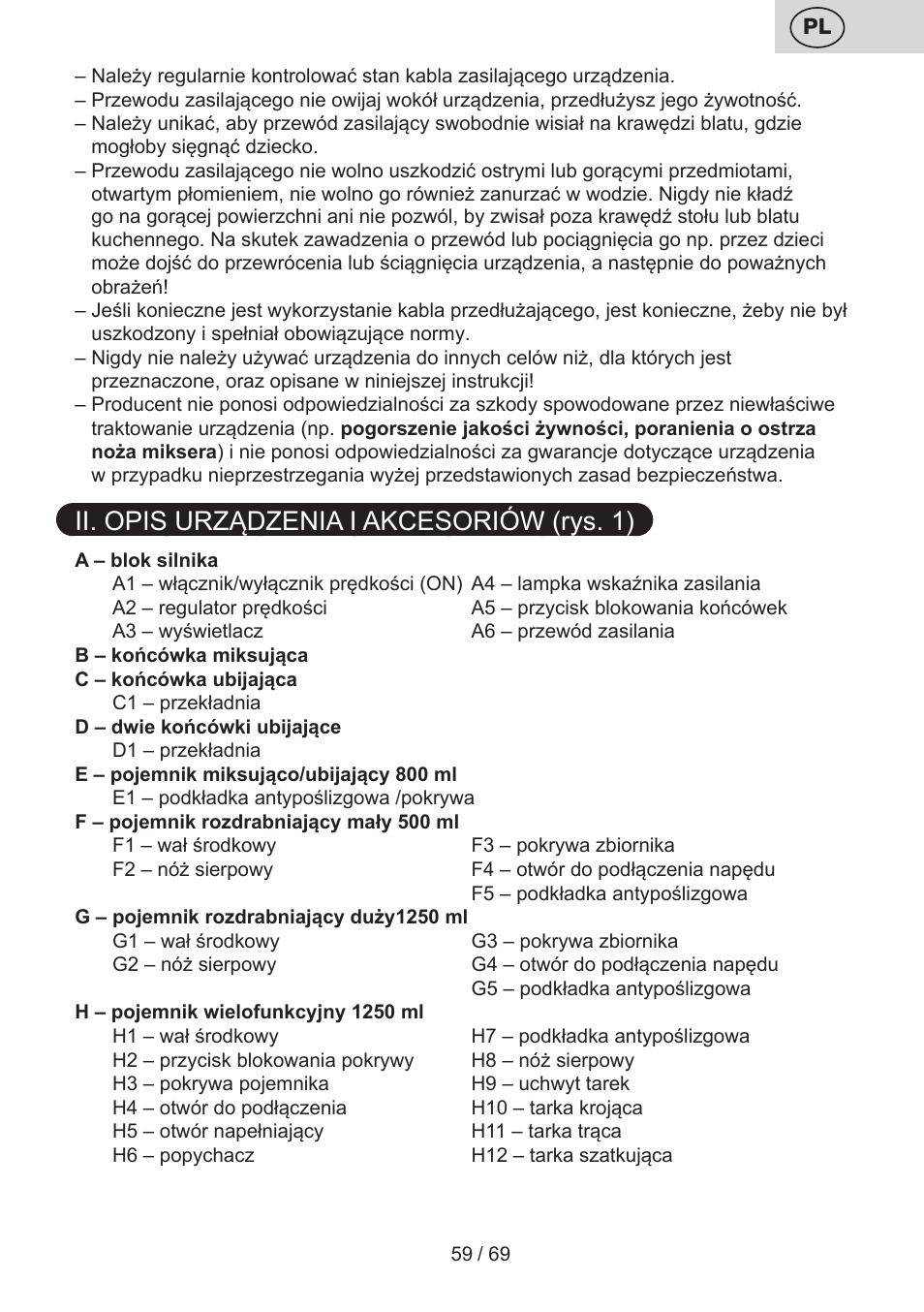Ii. opis urządzenia i akcesoriów (rys. 1) | ETA Cabero 4 v 1 User Manual | Page 59 / 72