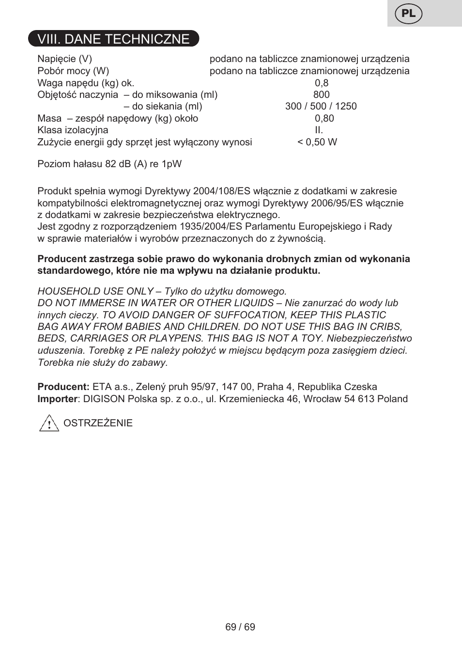 Viii. dane techniczne | ETA Cabero 4 v 1 User Manual | Page 69 / 72