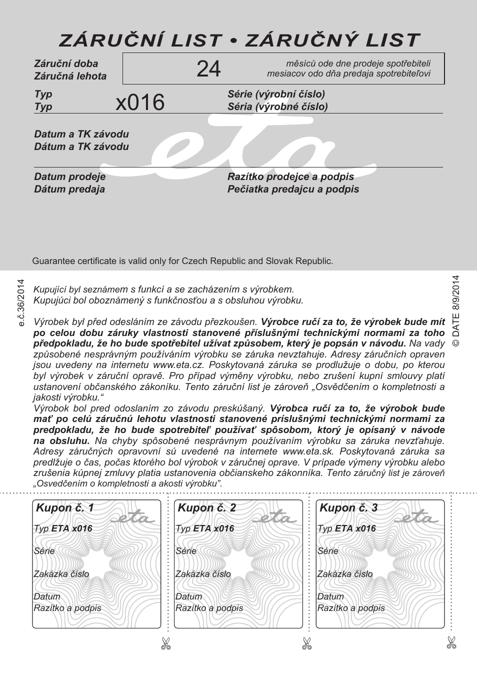 X016, List, Záruční list • záručný | ETA Cabero 4 v 1 User Manual | Page 72 / 72
