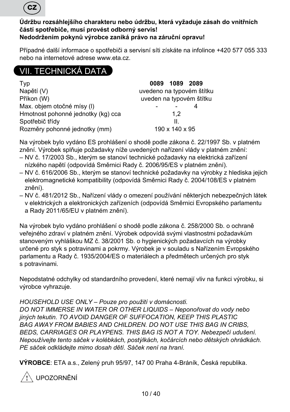 Vii. technická data | ETA Cuore User Manual | Page 10 / 44