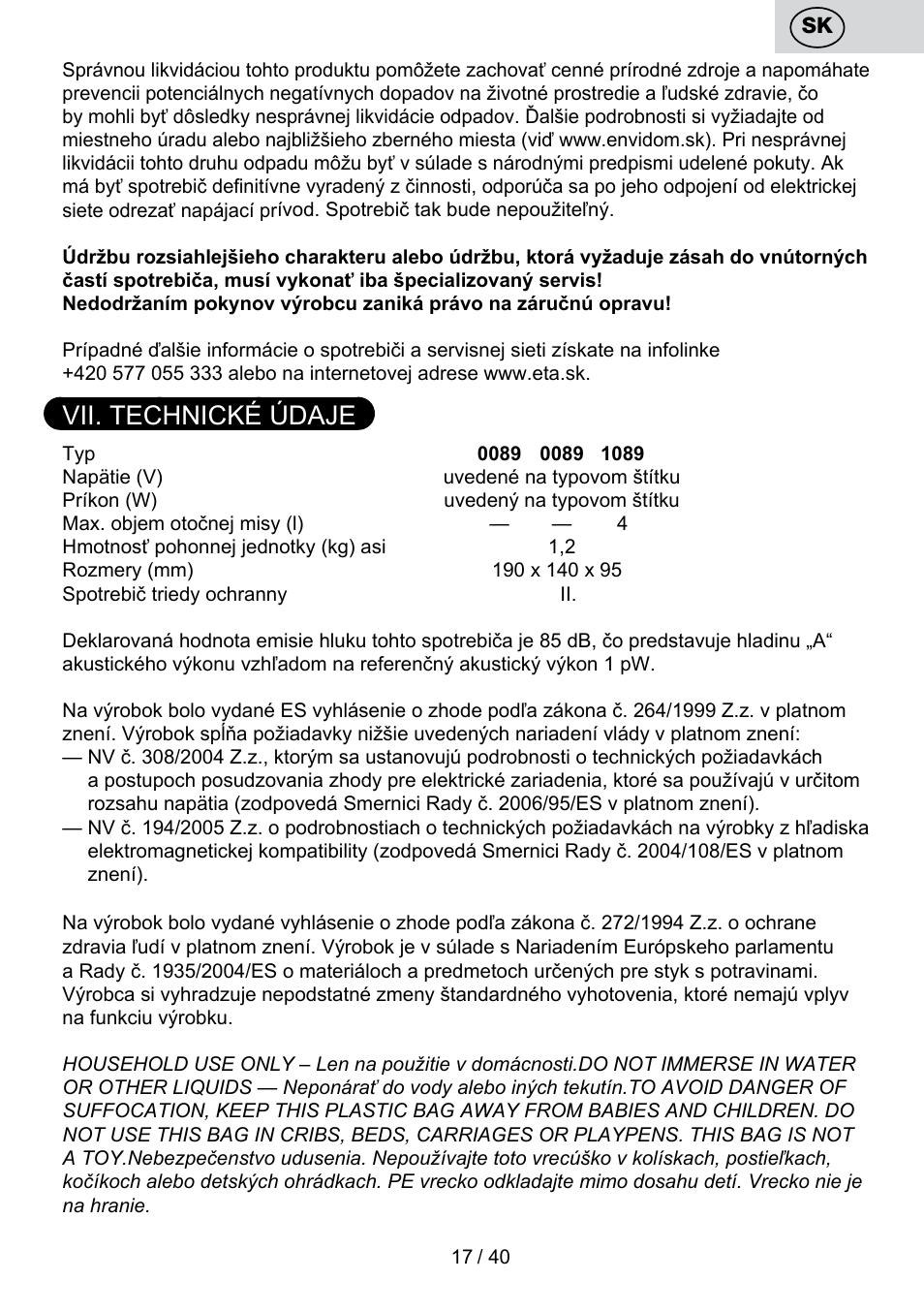 Vii. technické údaje | ETA Cuore User Manual | Page 17 / 44