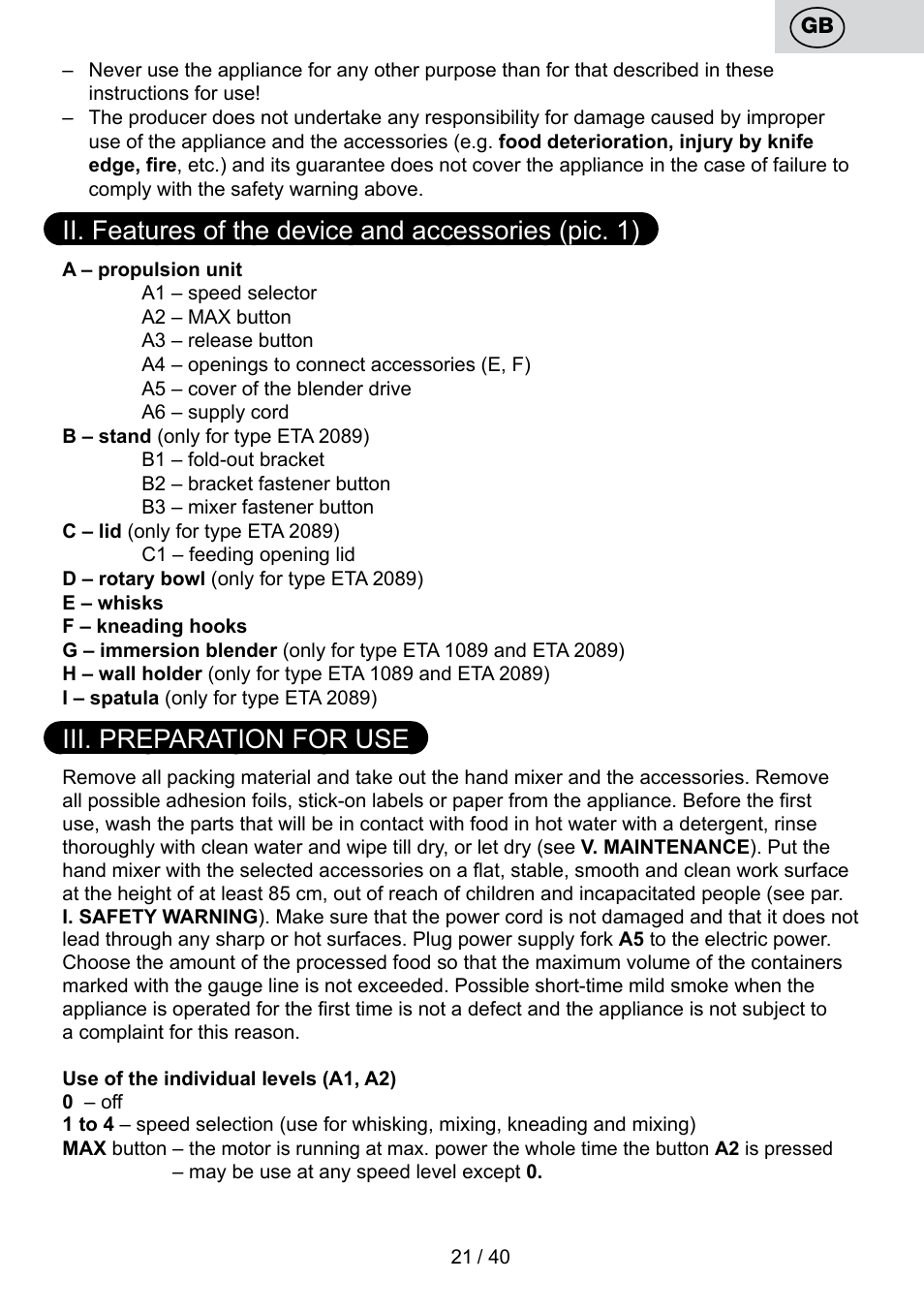 Iii. preparation for use | ETA Cuore User Manual | Page 21 / 44