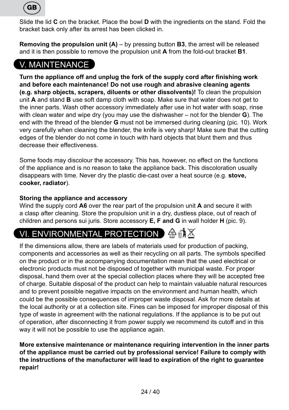 V. maintenance, Vi. environmental protection | ETA Cuore User Manual | Page 24 / 44