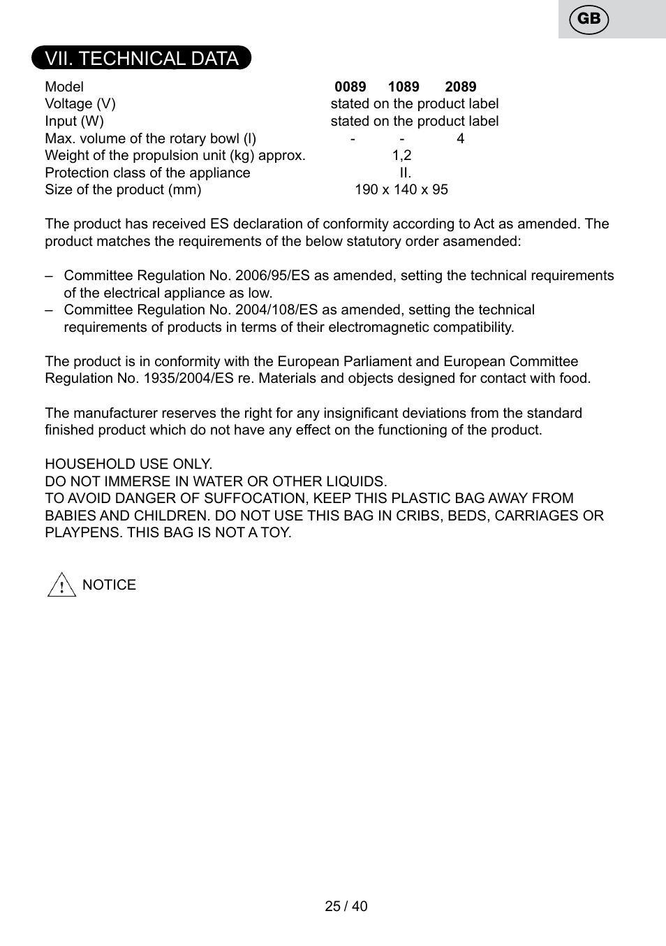 Vii. technical data | ETA Cuore User Manual | Page 25 / 44