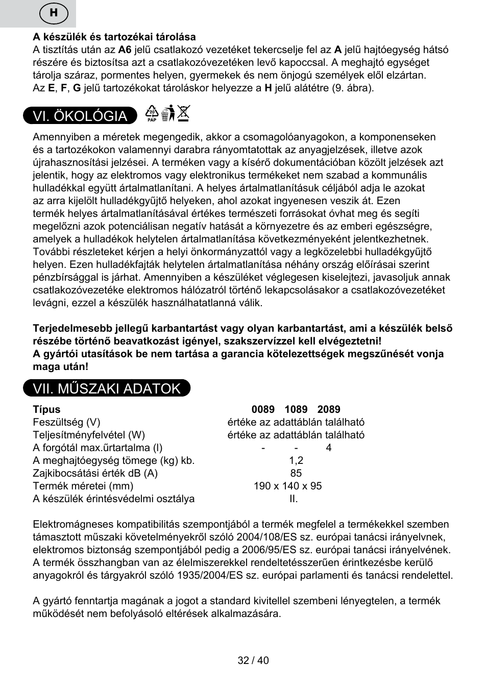 Vi. ökológia, Vii. műszaki adatok | ETA Cuore User Manual | Page 32 / 44