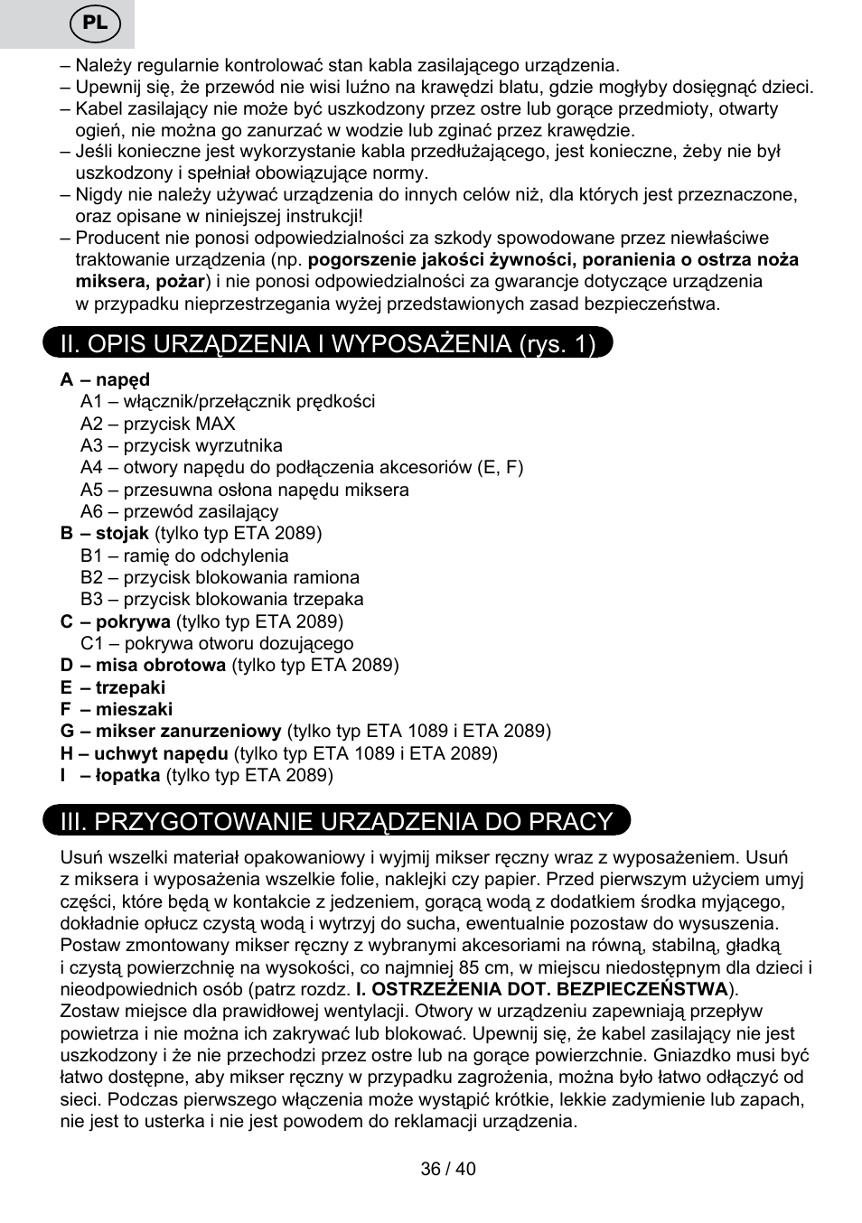 Ii. opis urządzenia i wyposażenia (rys. 1), Iii. przygotowanie urządzenia do pracy | ETA Cuore User Manual | Page 36 / 44