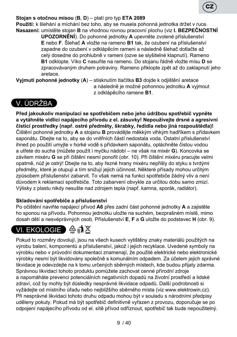 V. údržba, Vi. ekologie | ETA Cuore User Manual | Page 9 / 44
