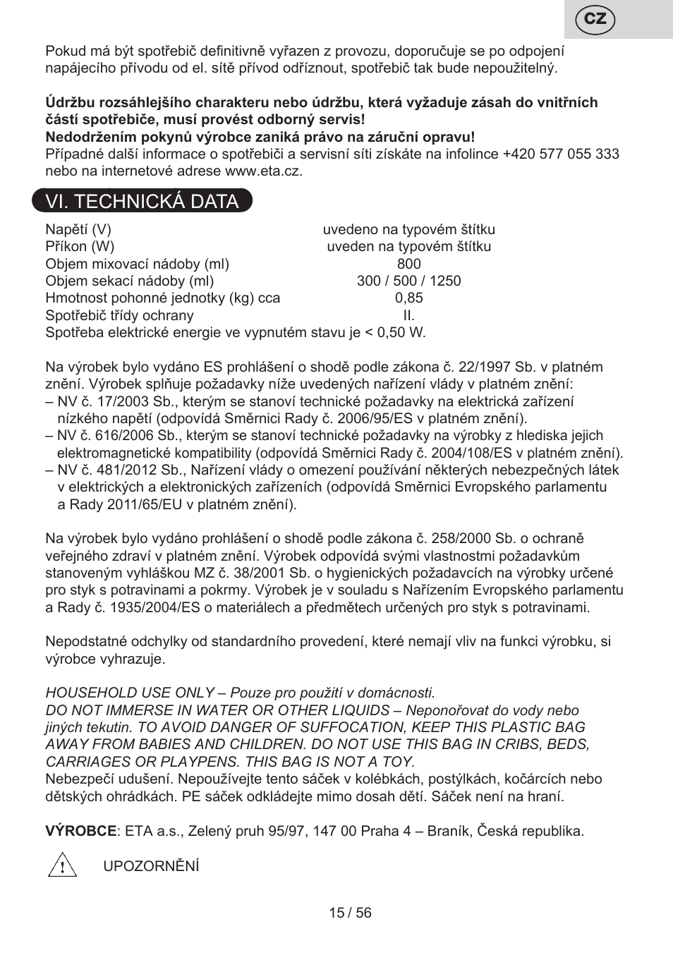 Vi. technická data | ETA Spesso User Manual | Page 15 / 60