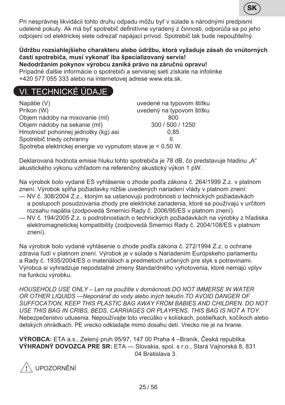 Vi. technické údaje | ETA Spesso User Manual | Page 25 / 60