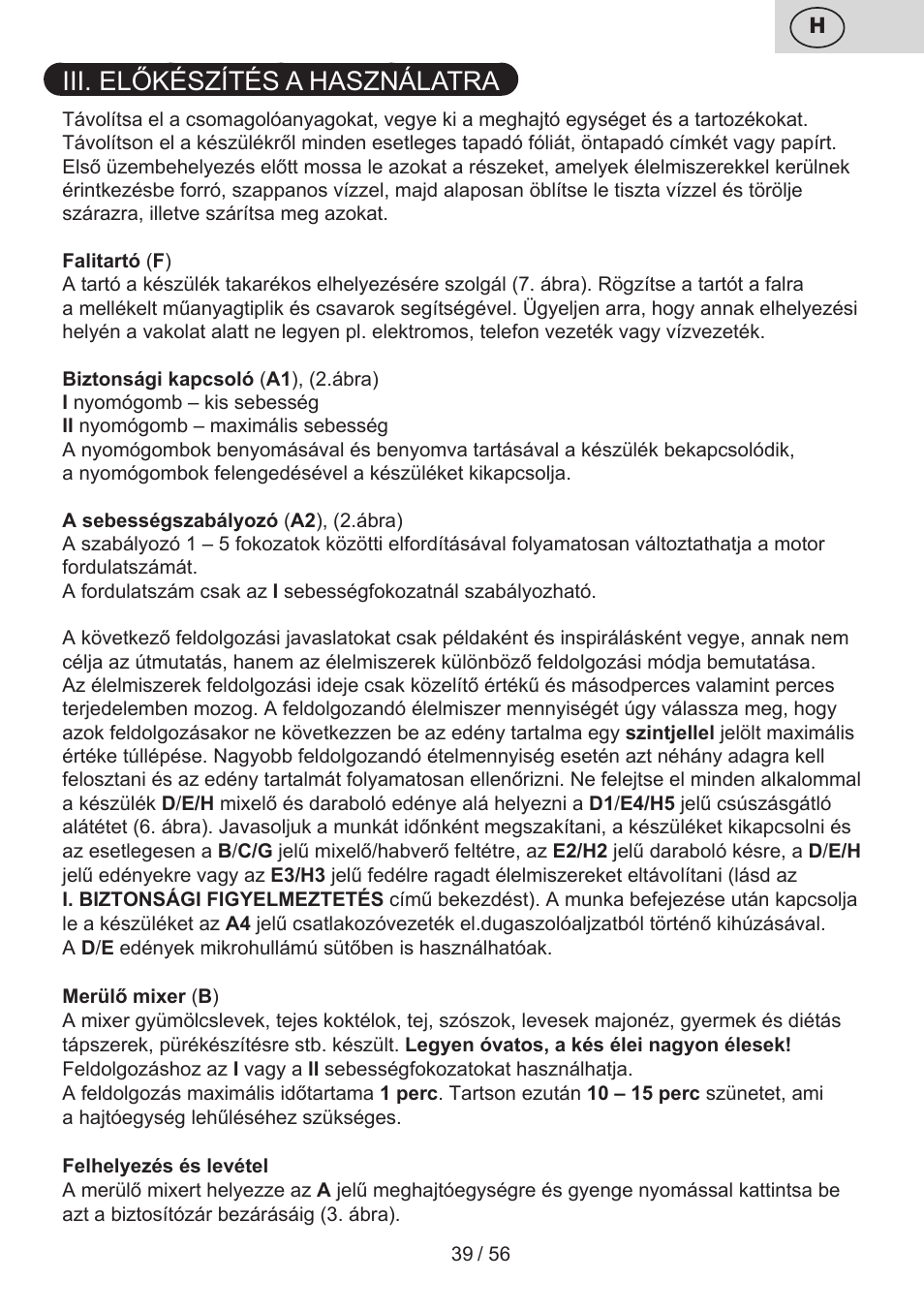 Iii. előkészítés a használatra | ETA Spesso User Manual | Page 39 / 60