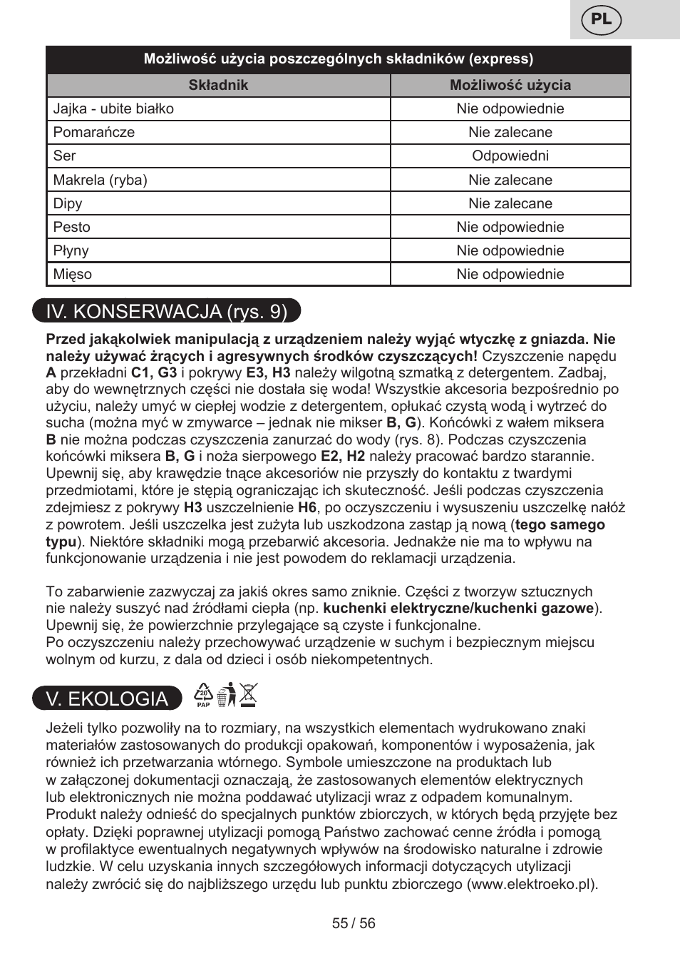 Iv. konserwacja (rys. 9), V. ekologia | ETA Spesso User Manual | Page 55 / 60