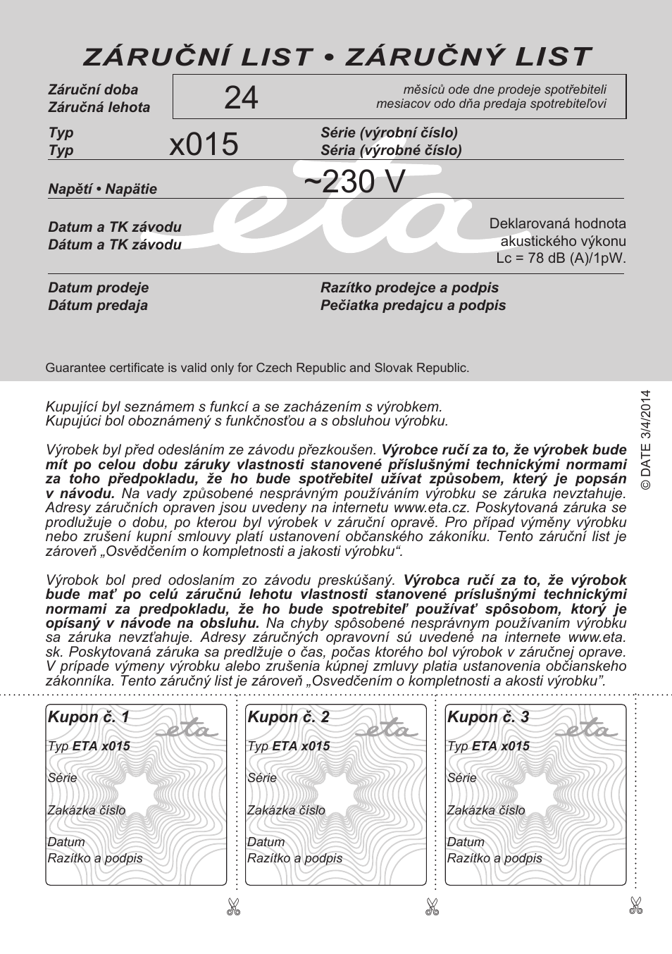 List, Záruční list • záručný | ETA Spesso User Manual | Page 60 / 60