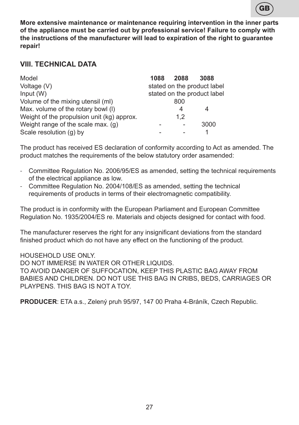 ETA Multiplo User Manual | Page 27 / 68