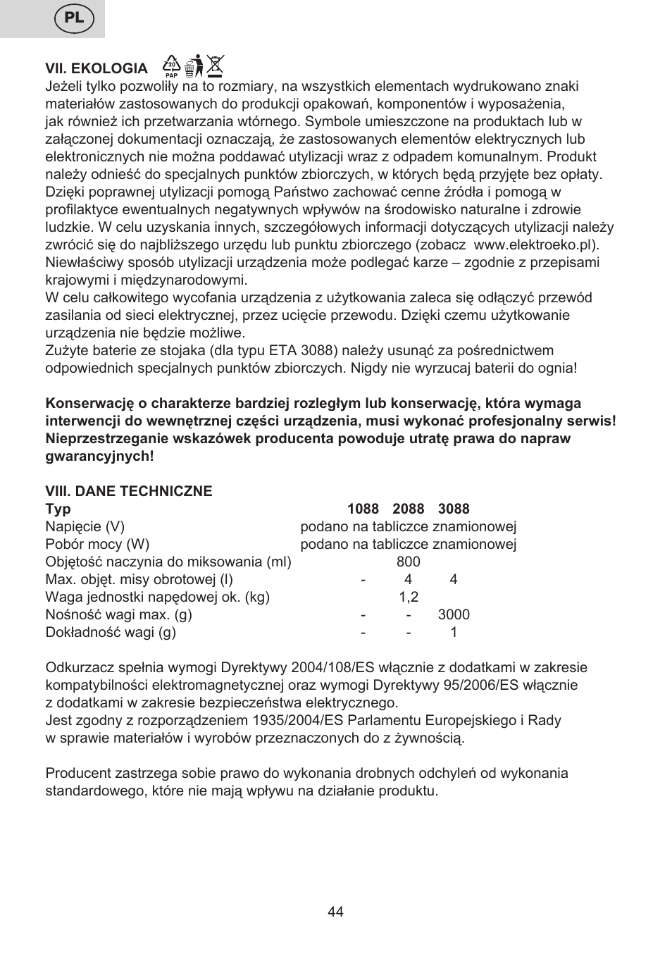 ETA Multiplo User Manual | Page 44 / 68