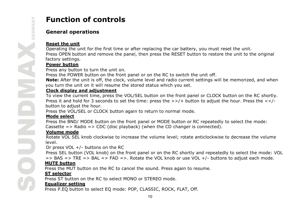Function of controls | SoundMax SM-CCR3030 User Manual | Page 10 / 28