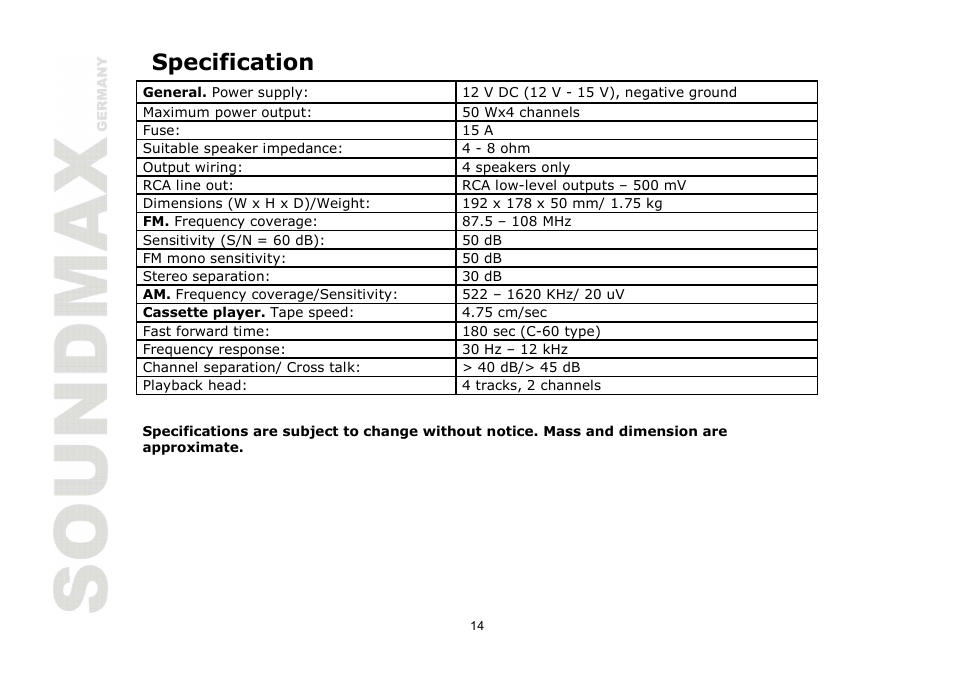 Specification | SoundMax SM-CCR3030 User Manual | Page 14 / 28