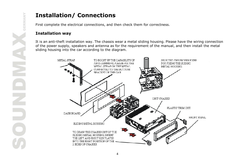 Installation/ connections | SoundMax SM-CCR3030 User Manual | Page 4 / 28