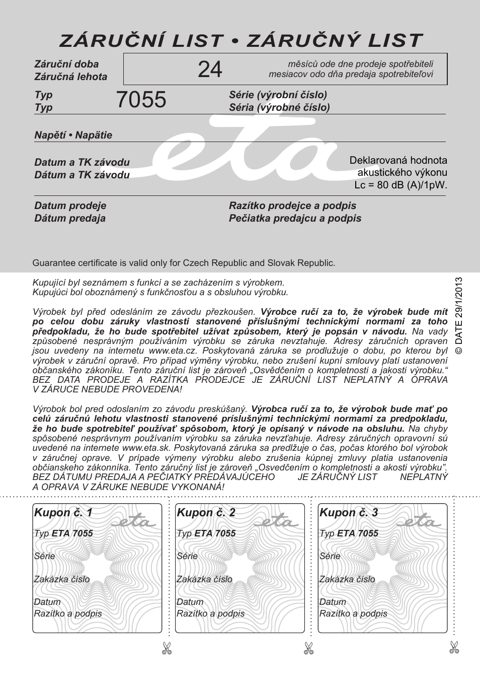 List, Záruční list • záručný | ETA Vassa User Manual | Page 32 / 32