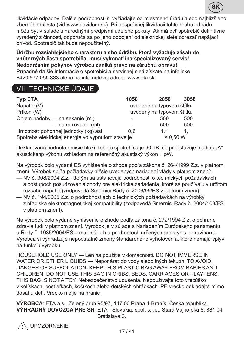 Vii. technické údaje | ETA Quatro blade User Manual | Page 17 / 44