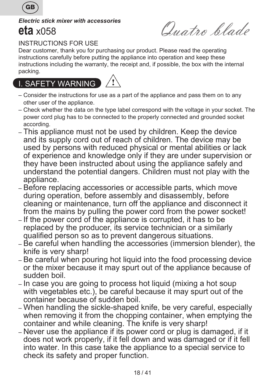 X058 | ETA Quatro blade User Manual | Page 18 / 44