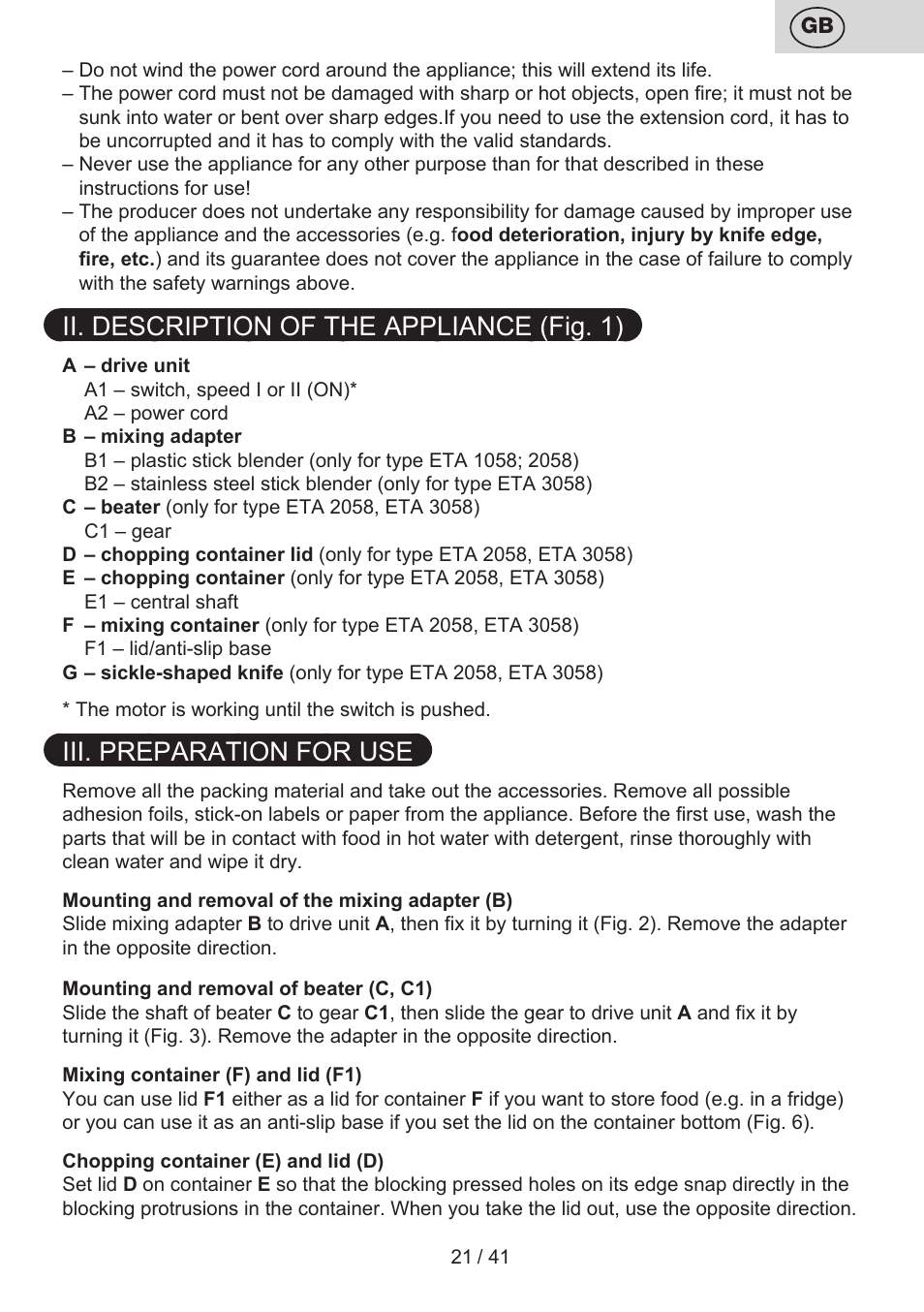 Ii. description of the appliance (fig. 1), Iii. preparation for use | ETA Quatro blade User Manual | Page 21 / 44