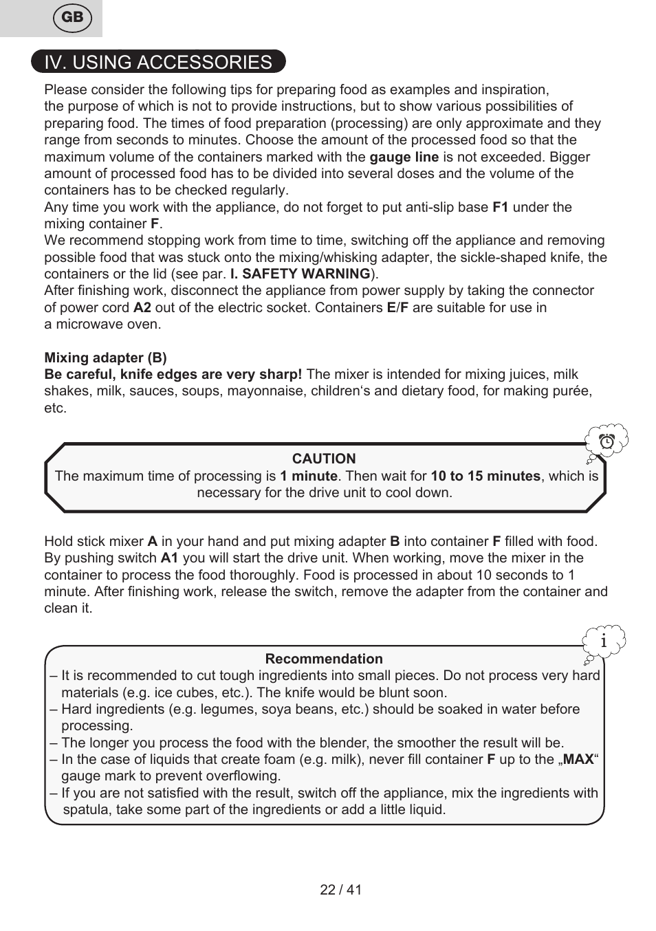Iv. using accessories | ETA Quatro blade User Manual | Page 22 / 44