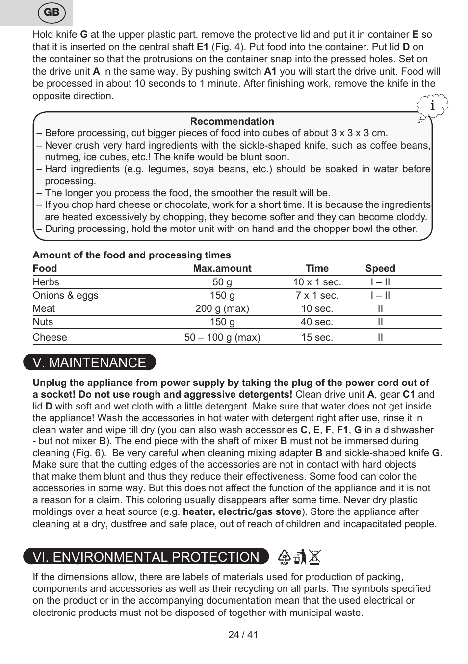 V. maintenance, Vi. environmental protection | ETA Quatro blade User Manual | Page 24 / 44