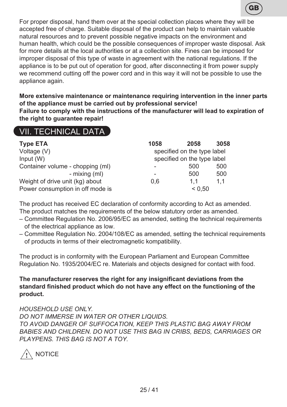 Vii. technical data | ETA Quatro blade User Manual | Page 25 / 44