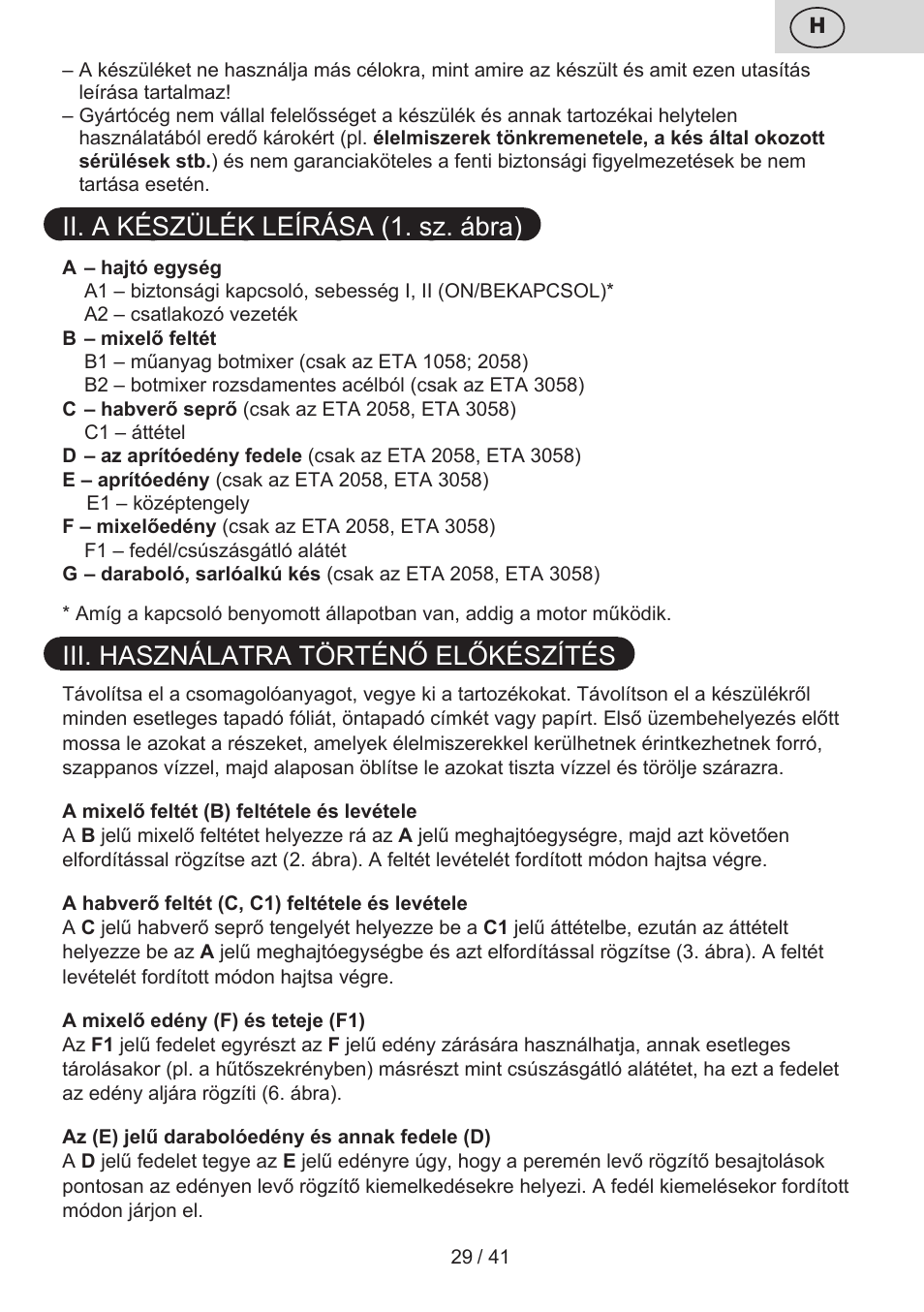Ii. a készülék leírása (1. sz. ábra), Iii. használatra történő előkészítés | ETA Quatro blade User Manual | Page 29 / 44