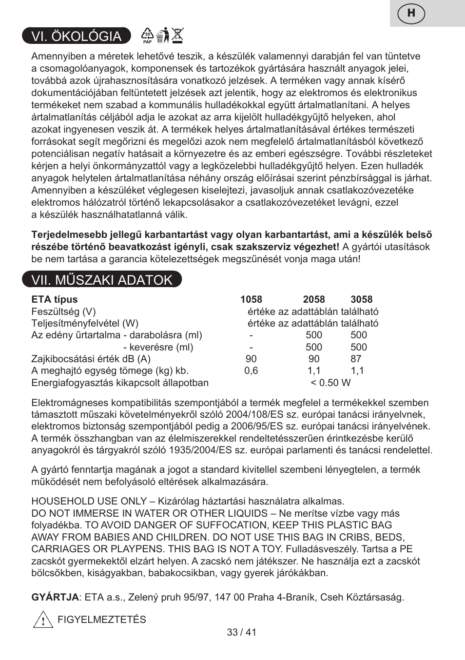 Vi. ökológia, Vii. műszaki adatok | ETA Quatro blade User Manual | Page 33 / 44
