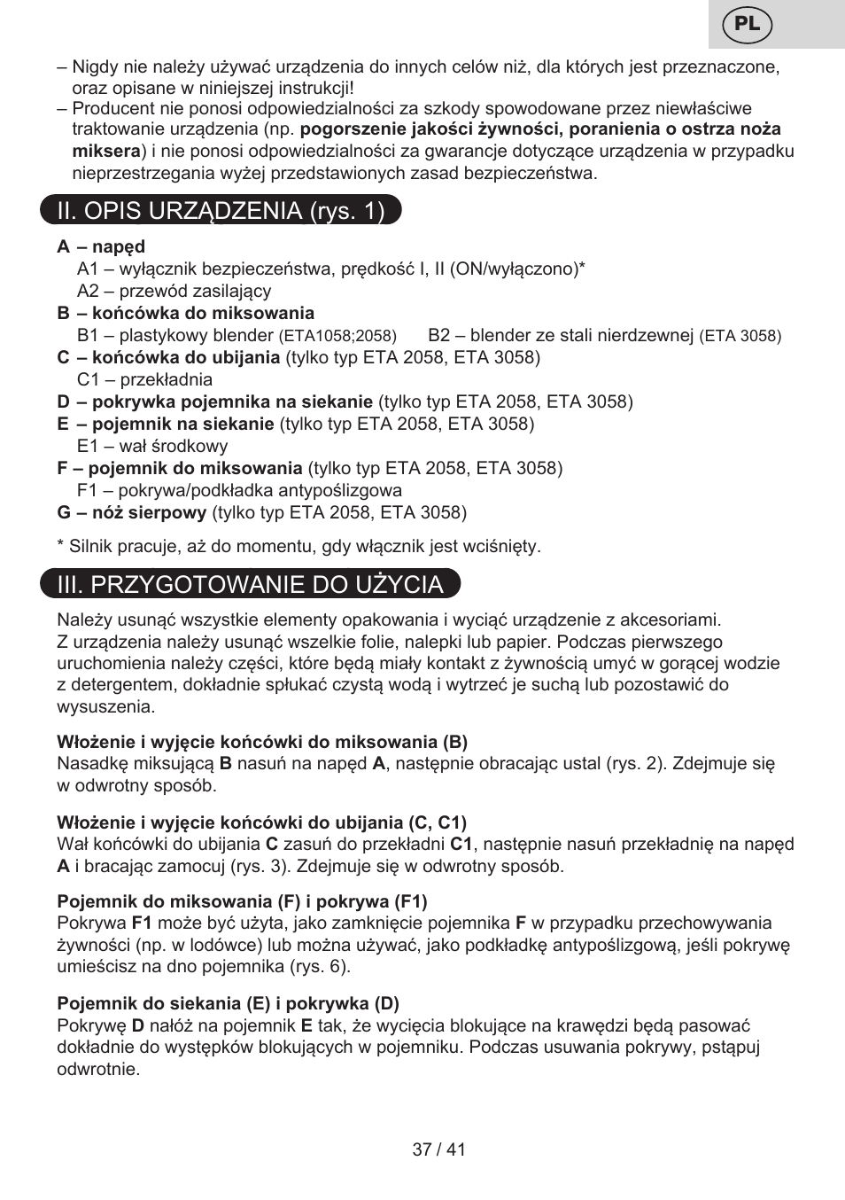 Ii. opis urządzenia (rys. 1), Iii. przygotowanie do użycia | ETA Quatro blade User Manual | Page 37 / 44